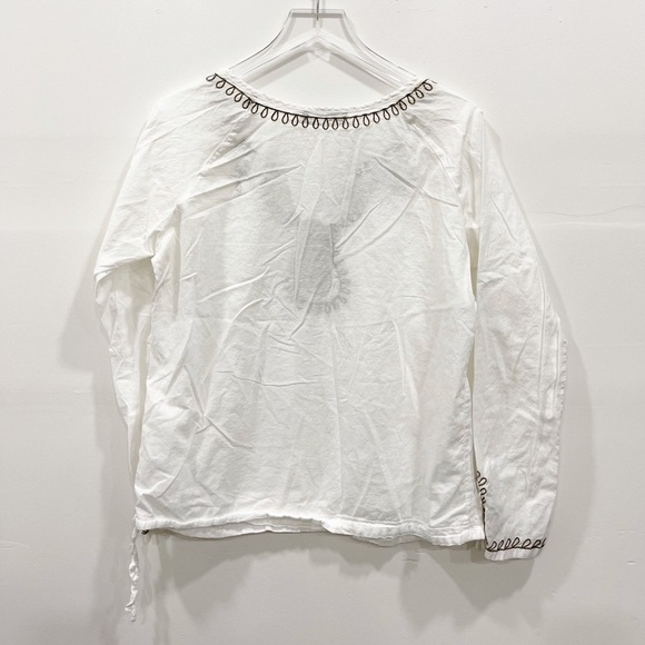 Prana Embroidered Split Neck Lagenlook Top Drawstring Trim Ivory Large Cotton - Picture 2 of 8